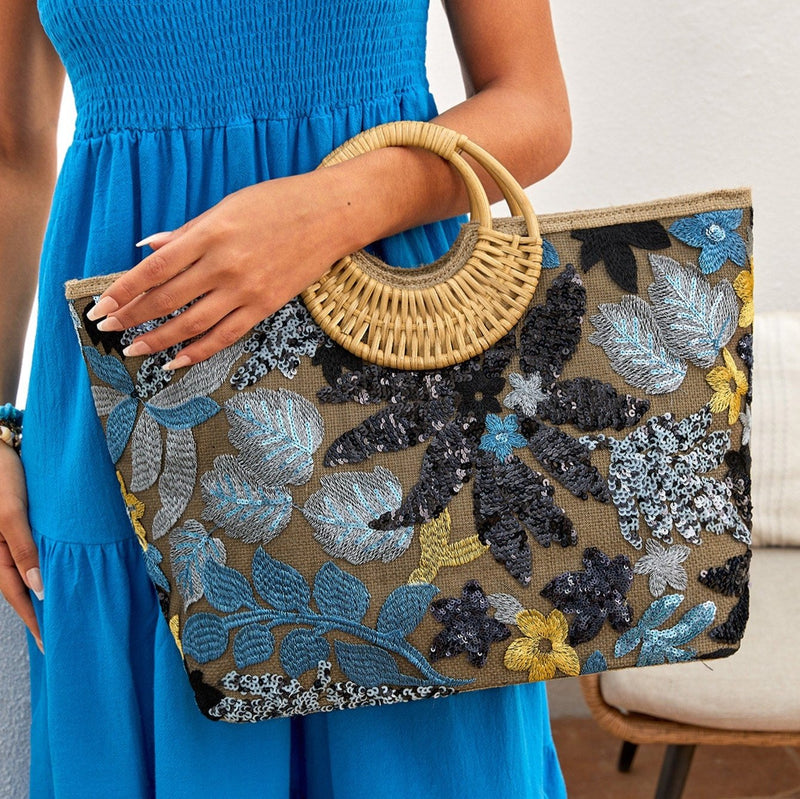 Bolsa Palha Bordada Floral