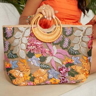Bolsa Palha Bordada Floral