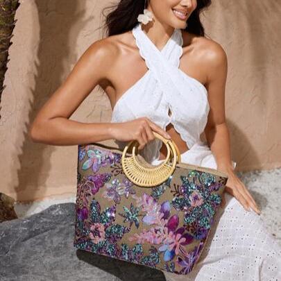 Bolsa Palha Bordada Floral