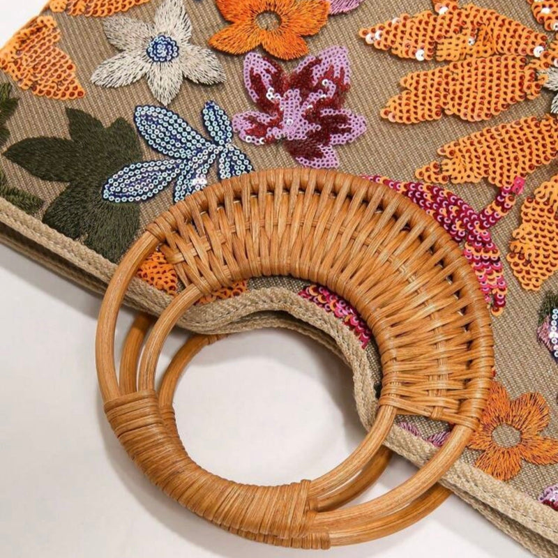 Bolsa Palha Bordada Floral