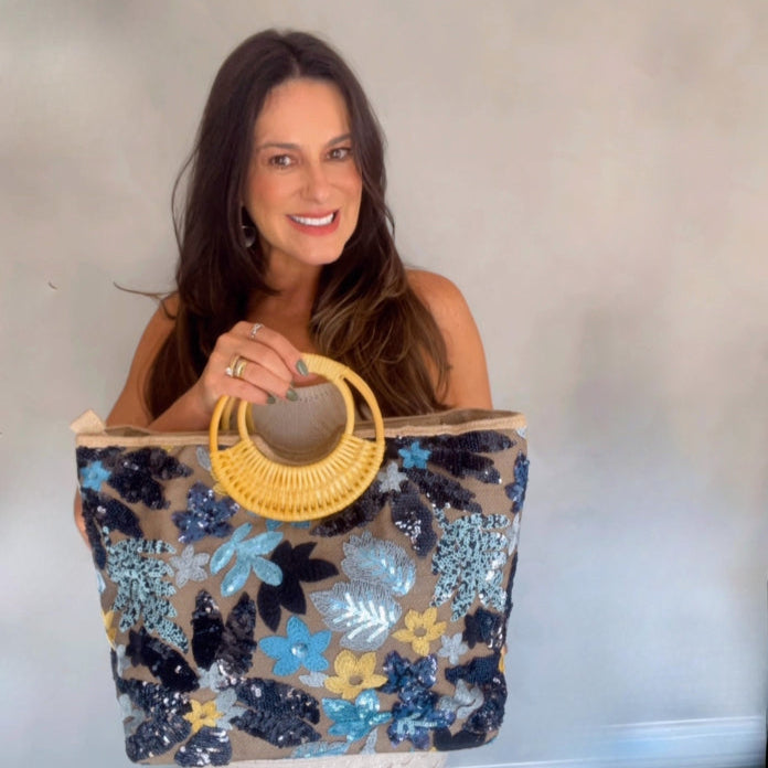 Bolsa Palha Bordada Floral