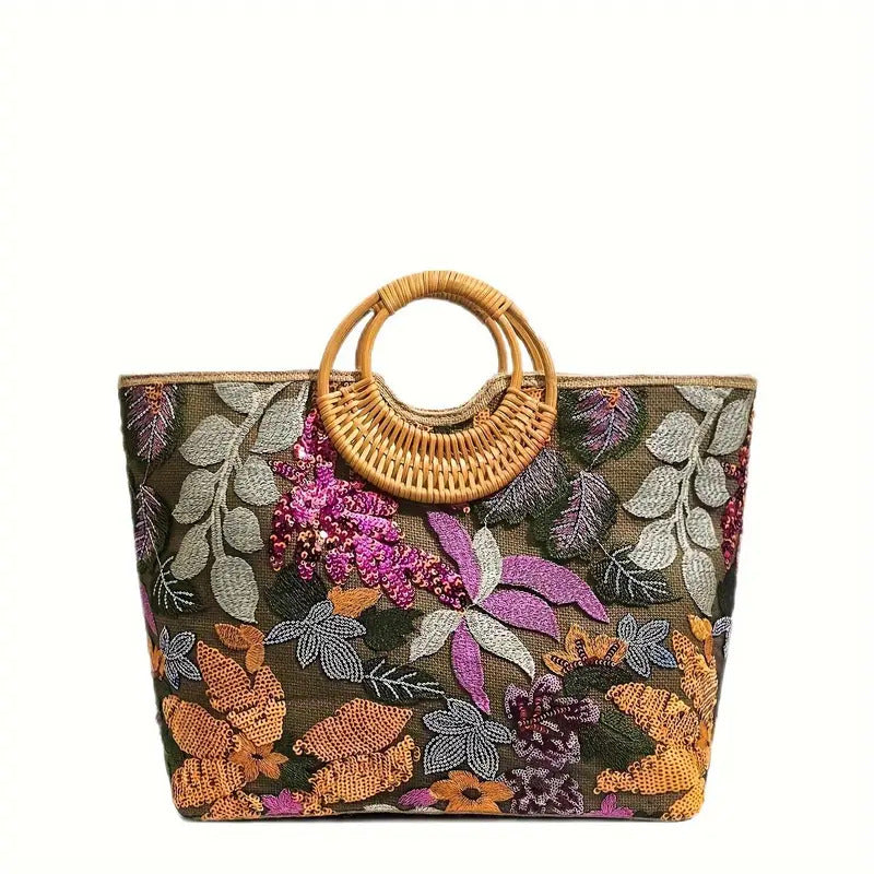 Bolsa Palha Bordada Floral